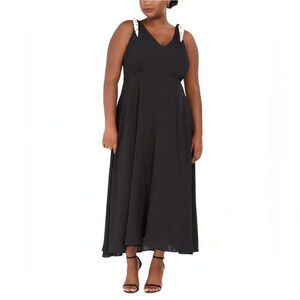 Betsey Johnson Black Maxi Dress 14W White Polka Dot Ties Event Party Evening